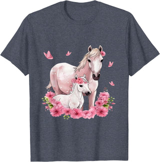 Horse Foal Butterfly Girl Flowers Horseback Riding Horse with Foal - Flowers and Butterflies T-Shirt - Heather Blue