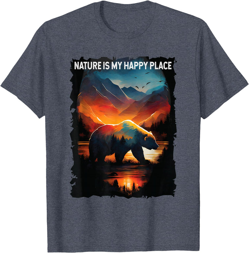 Nature Is My Happy Place Bear Tees Nature Is My Happy Place bear hiking camping mountains T-Shirt - Heather Blue