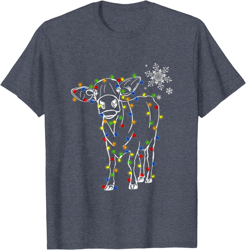 Cow Christmas Light Tree Cow Xmas Snow Lover T-Shirt - Heather Blue