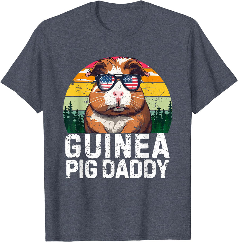 Retro 4th Of July Dad Father's Day Gifts Guinea Pig Daddy USA Flag Father's Day 4th Of July Retro T-Shirt - Heather Blue