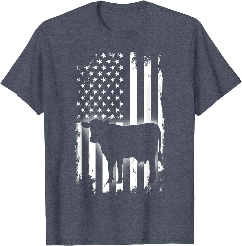 Cows USA American Flag Vintage Cow American Flag Farm Animal Patriotic Farmer T-Shirt for Women Kids Men - Heather Blue