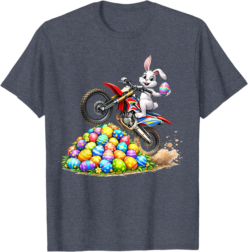 Cool Easter Bunny Dirt Bike Rider Funny Motocross Rabbit T-Shirt in Heather Blue