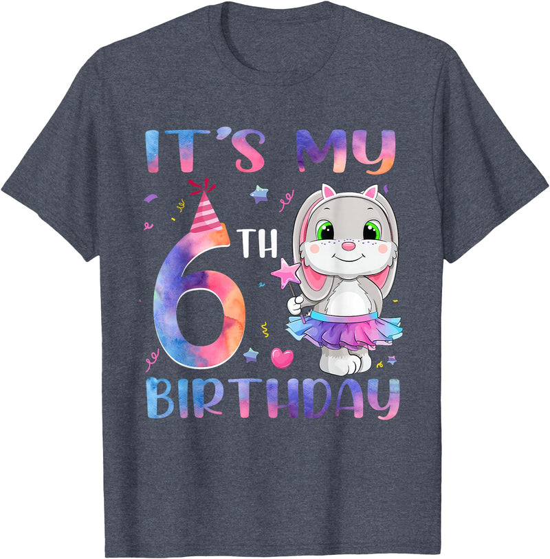 It's My 6th Birthday Bunny Rabbit 6 Years Old Boy Girl T-Shirt in Heather Blue