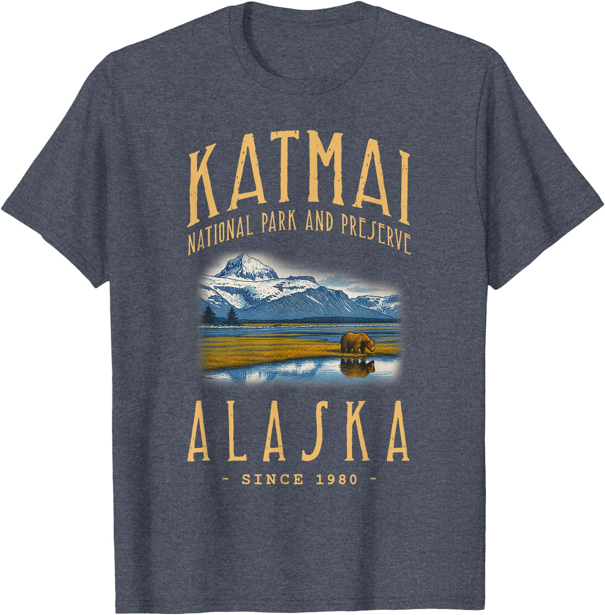 WILDLIFE NATIONAL PARK DESIGNS OF ALASKA KATMAI NATIONAL PARK, ALASKA. CAMPING, HIKER T-Shirt - Heather Blue