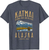 WILDLIFE NATIONAL PARK DESIGNS OF ALASKA KATMAI NATIONAL PARK, ALASKA. CAMPING, HIKER T-Shirt - Heather Blue
