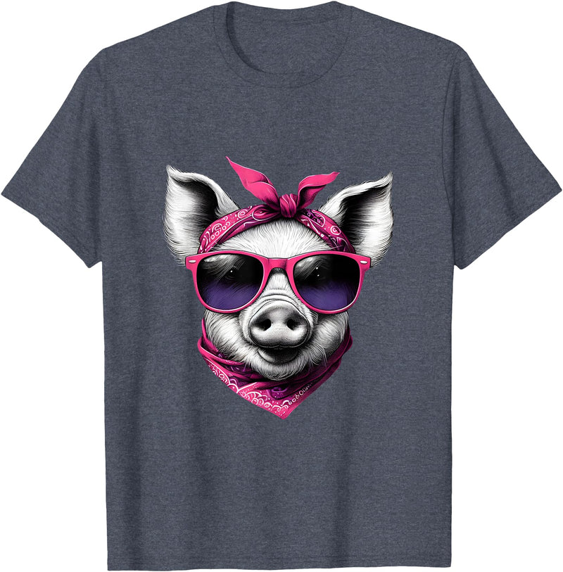 Fashionable Animals Wearing Pink Bandanas Pig Wearing A Pink Bandana Headband And Sunglasses T-Shirt - Heather Blue