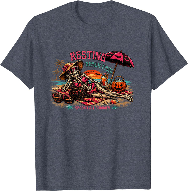 Spooky Summer Vibes retro summerween halloween Funny Skeleton Beach Halloween Resting Beach Face summerween T-Shirt -