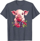 Cute Pig Eating Strawberries And Berries Fun Adorable Pig With Strawberries And Berries T-Shirt - Heather Blue