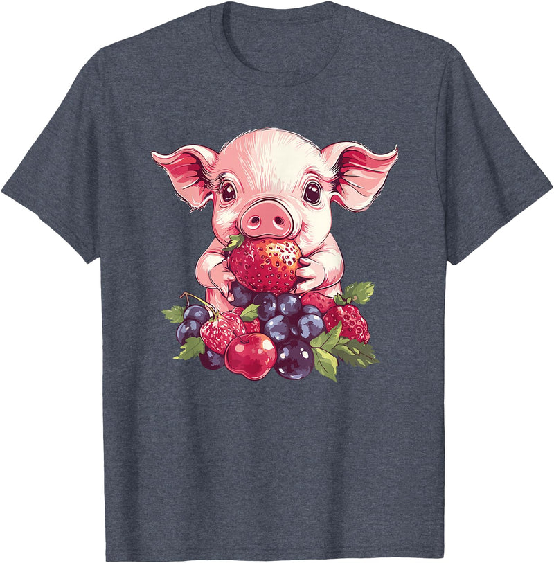Cute Pig Eating Strawberries And Berries Fun Adorable Pig With Strawberries And Berries T-Shirt - Heather Blue