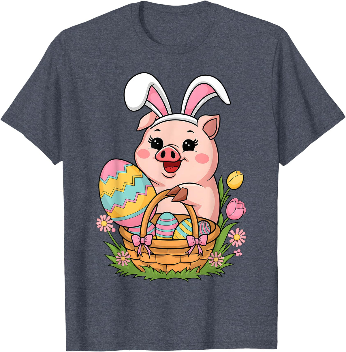 Happy Easter Pig Animal Happy Easter Women Girls Kids Easter Egg Basket Easter Pig T-Shirt - Heather Blue