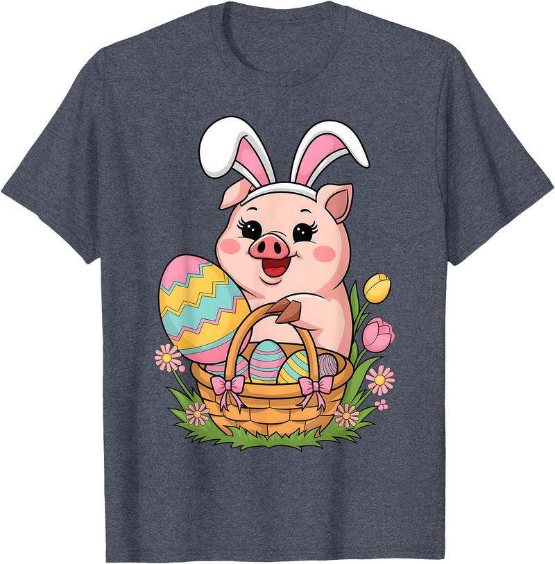 Happy Easter Pig Animal Happy Easter Women Girls Kids Easter Egg Basket Easter Pig T-Shirt - Heather Blue
