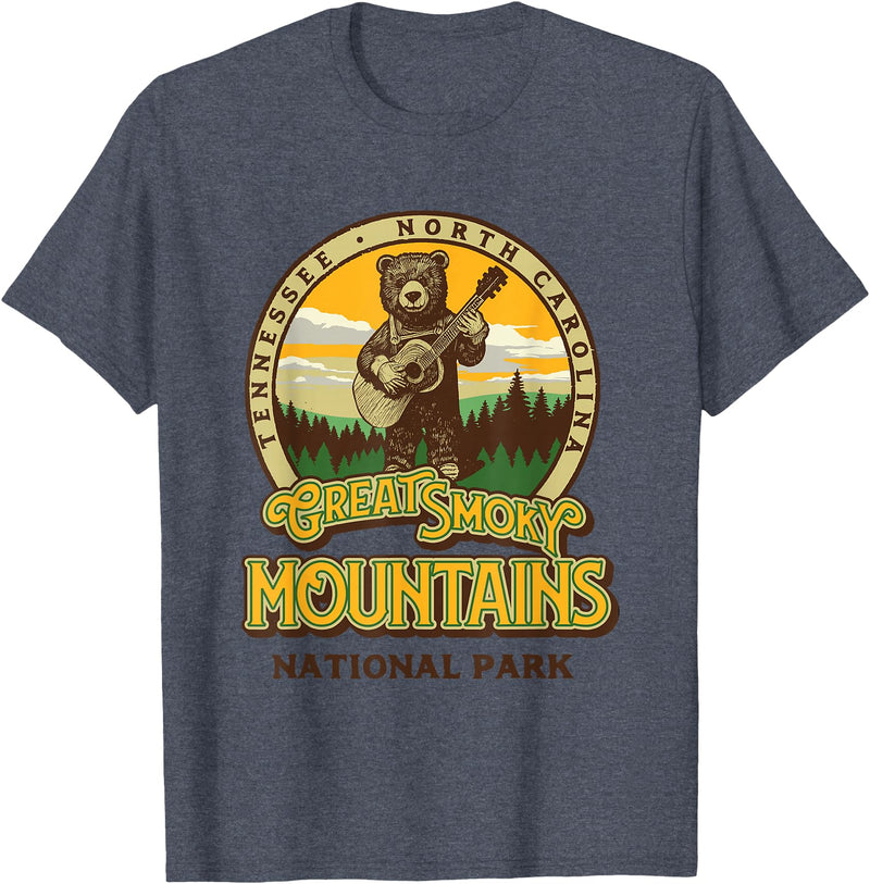 The Thrift Garage Great Smoky Mountains National Park Guitar Bear Cute Smokies T-Shirt - Heather Blue