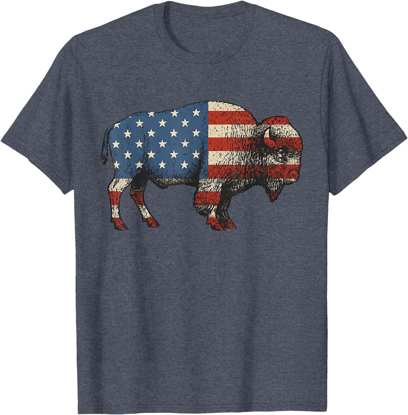 Bison American Buffalo Gifts & Apparel Stuff Bison USA American Flag Patriotic United States T-Shirt - Heather Blue