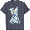 Cute Easter Toile Chinoiserie Blue Floral Bunny Coquette Bow T-Shirt in Heather Blue