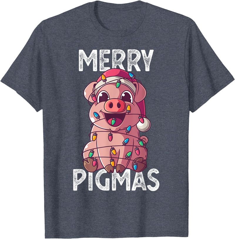 The Weird Shop Merry Pigmas Pig Christmas Santa Pig Xmas Lights Farmer Gift T-Shirt - Heather Blue