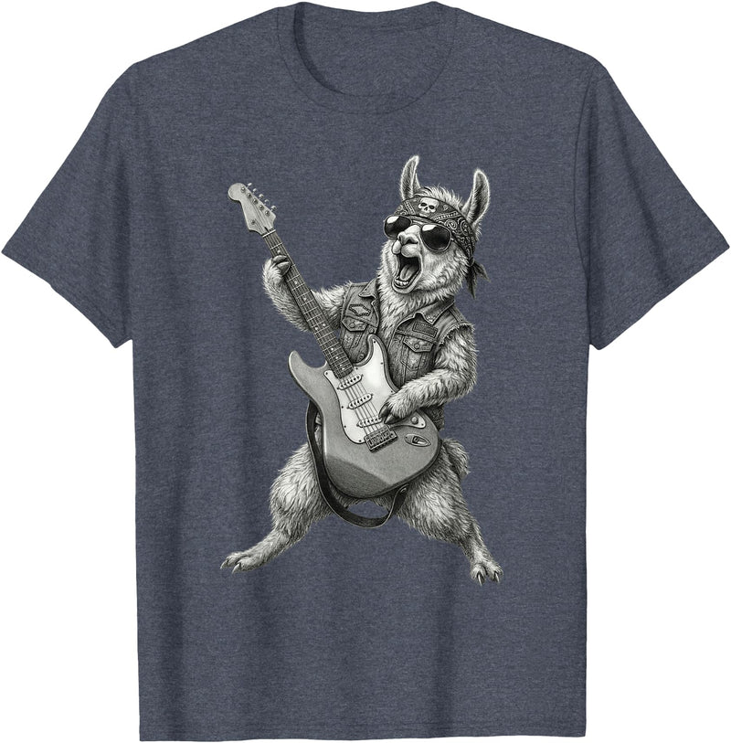 Rock Guitar Llama Stuff Accessories & Gifts Llama Playing Guitar Rock & Roll Llamas Alpaca Rocker Music T-Shirt - Heather Blue
