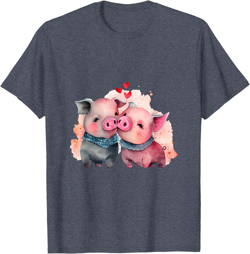Unique Pig Lover Decor & Apparel Gifts Shop Two Loving Pigs In Love Heart Valentine's Day Pig T-Shirt - Heather Blue