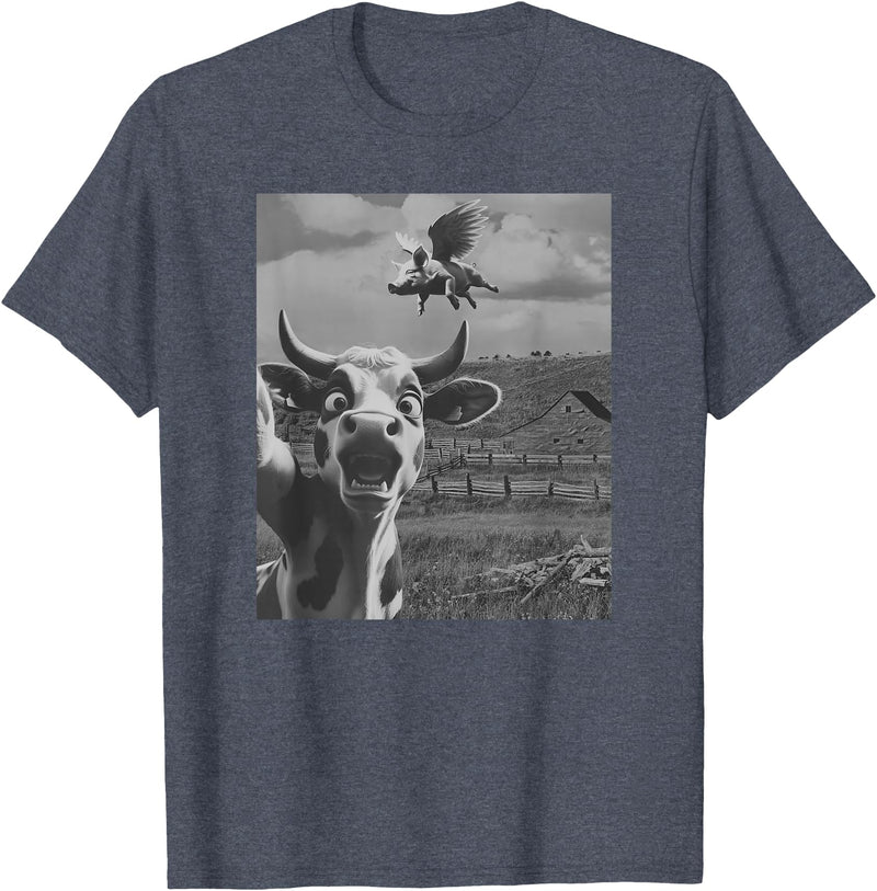 When Pigs Fly Pig Lover Designs Apparel Gifts Cow Selfie With Flying Pigs Fly Funny Gift for Men Women Kid T-Shirt - Heather Blue