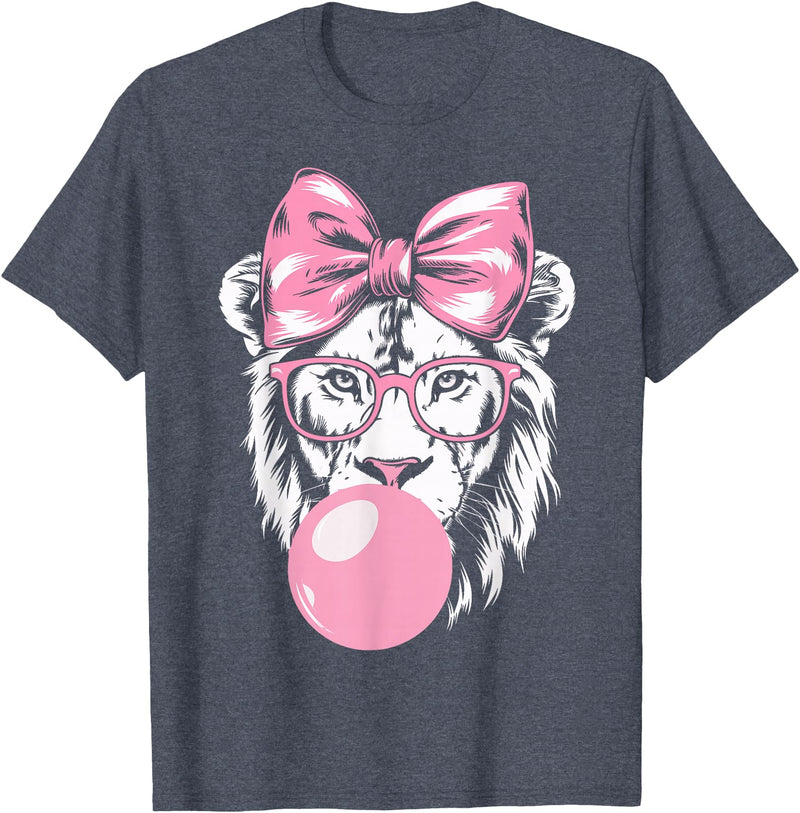Lion Bubblegum Lion Wearing Glasses and Blowing Pink Bubble Gum T-Shirt - Heather Blue