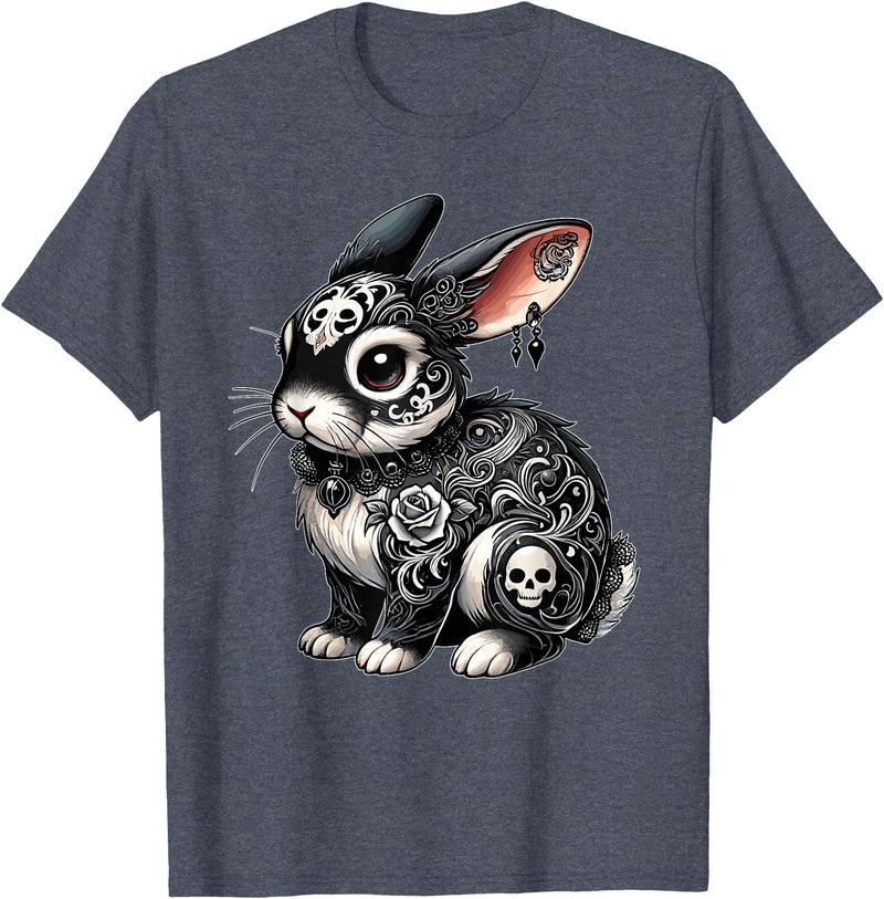Gothic Filigree Rabbit with Skulls T-Shirt in Heather Blue