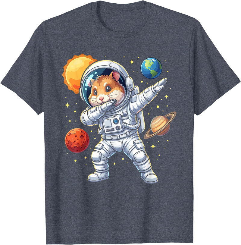 Hamster Astronaut Dabbing Funny Space Animal for Kids T-Shirt - Heather Blue