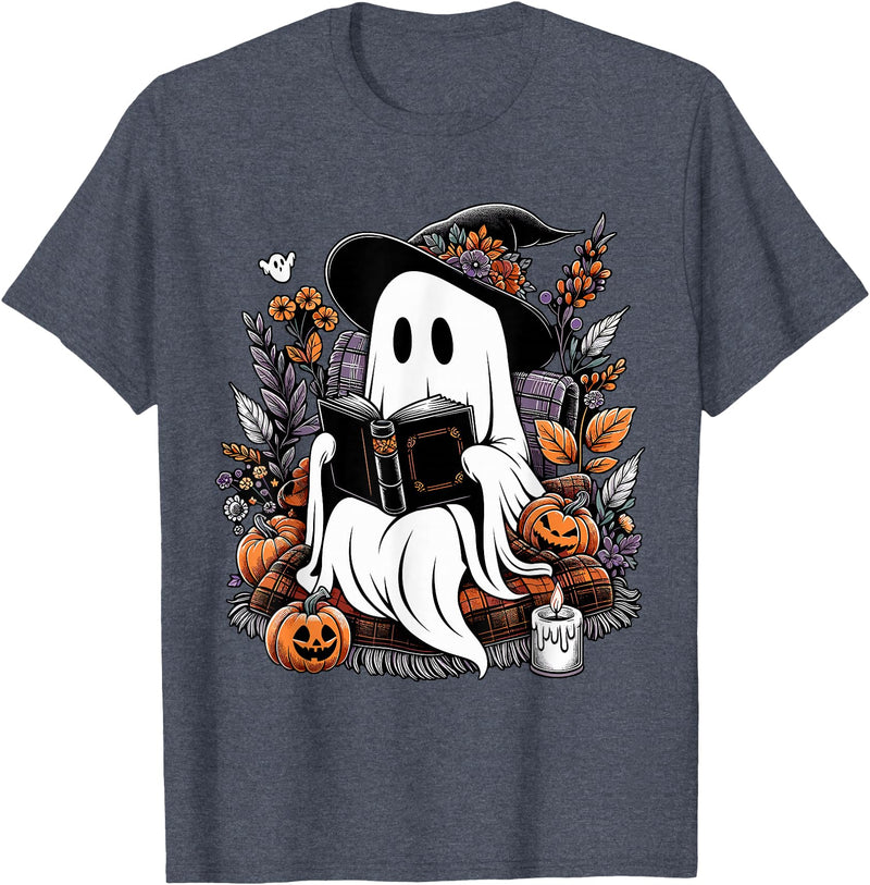 Ghost Spooky Season Teacher Outfit Ghost Reading Books Pumpkin Halloween T-Shirt - Heather Blue