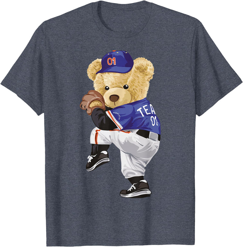 BERSLL Cute Teddy Bear Baseball Jug Sweatshirt T-Shirt - Heather Blue