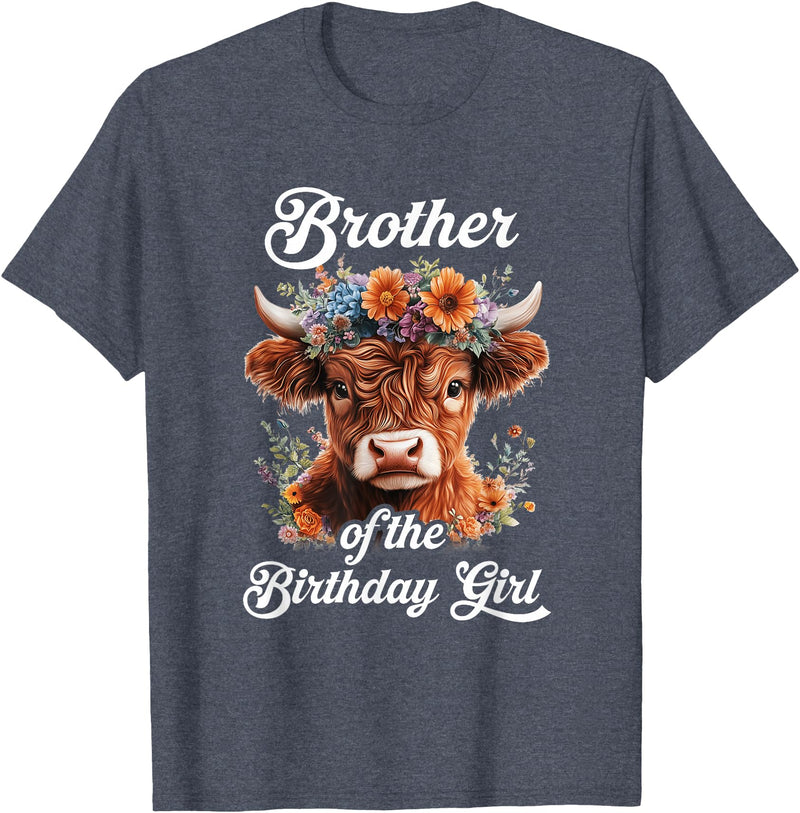 Brother Highland Cow Birthday Girl Brother Of The Birthday Girl Highland Cow Farm Family T-Shirt - Heather Blue