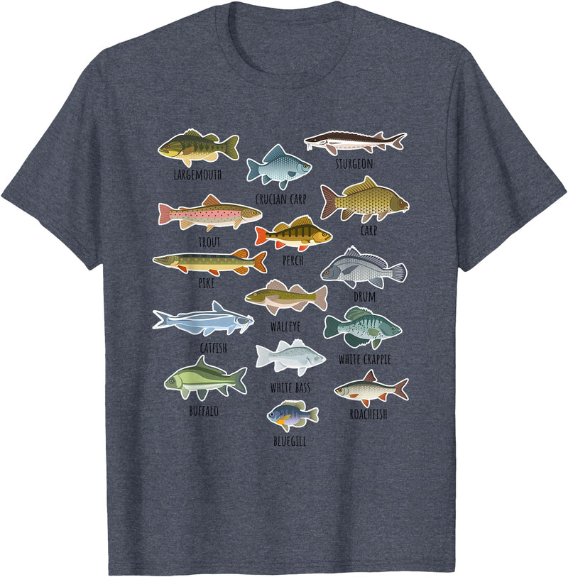NABZR Angeln Geschenke & T-Shirts Types of Freshwater Fish Fishing T-Shirt - Heather Blue