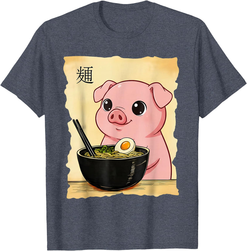 Funny Pig Anime Eating Ramen Pig Ramen Japanese Kawaii Anime Pig T-Shirt - Heather Blue