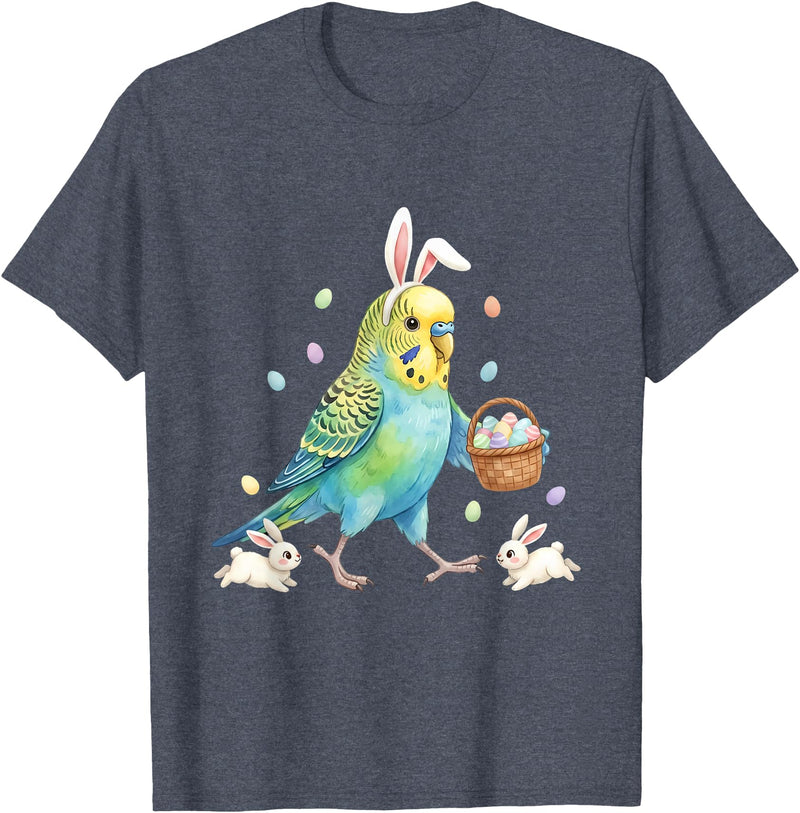 Cute Easter Bunny Rabbit with Eggs Whimsical Parakeet Design T-Shirt in Heather Blue