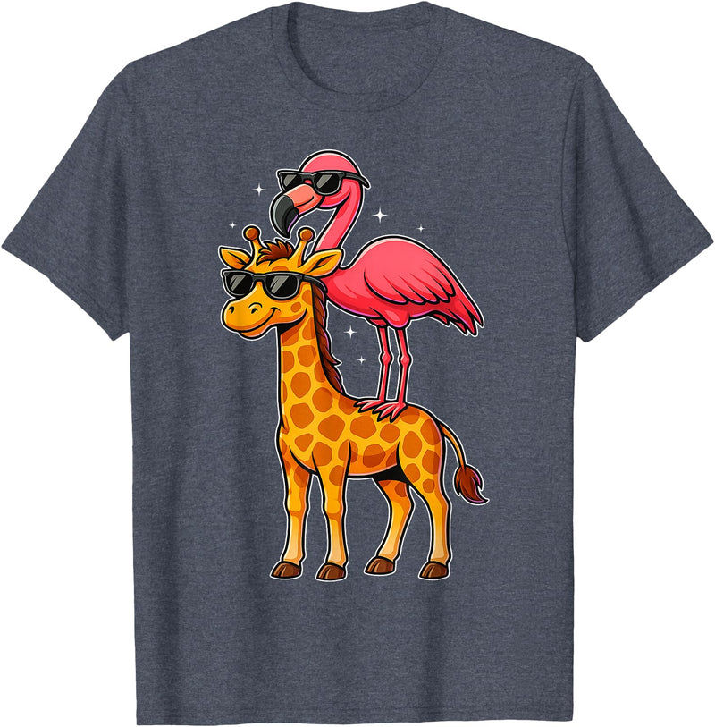 Funny Flamingo Riding Giraffe Cute Animals Funny Flamingo and Giraffe Cool Animals Friends T-Shirt - Heather Blue