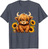 Cute Scottish Highland Cow Sunflower Highland Cow Farm T-Shirt - Heather Blue