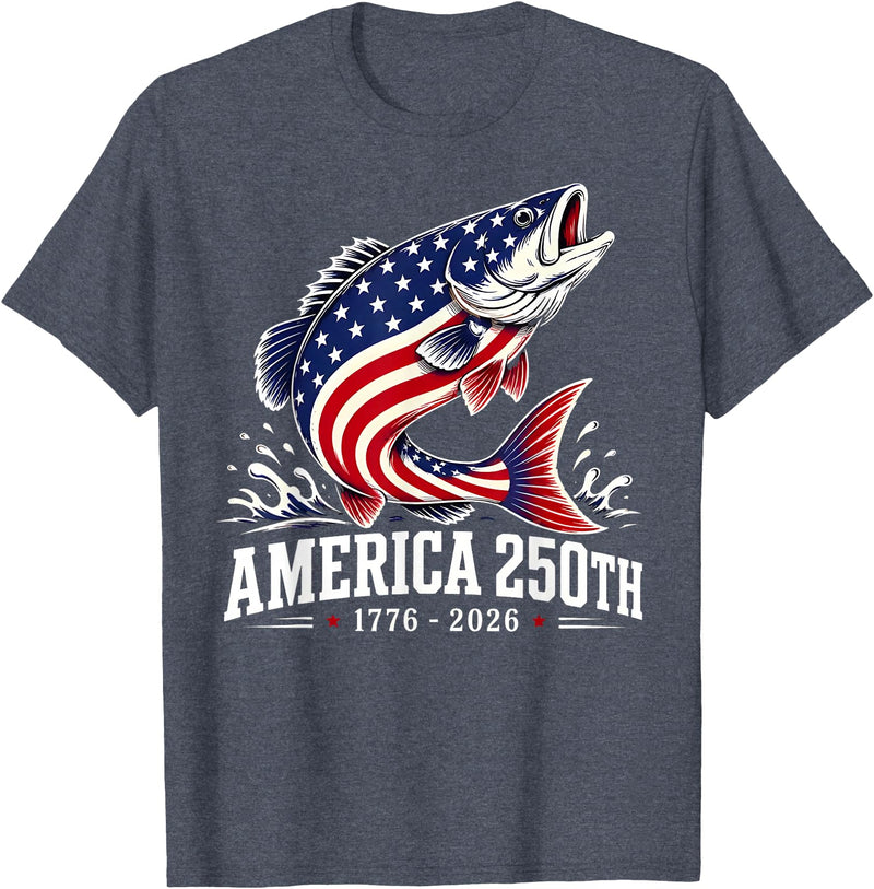 250 America Years 1776 2026 Fishing USA Flag Patriotic Leaping Salmon American Flag Fishing 4th of July T-Shirt - Heather Blue