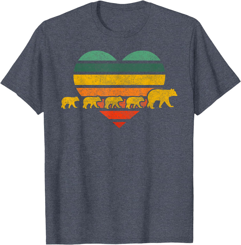 Just for Mom Mama Bear Four Cubs Shirt Retr Heart Mothers Day Gift T-Shirt - Heather Blue
