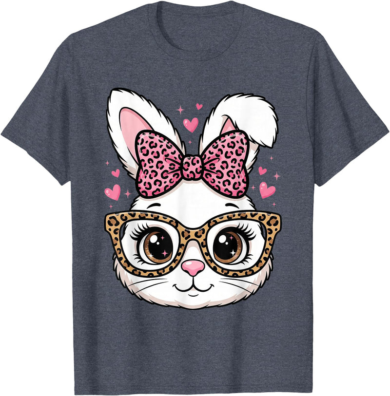 Cute Easter Rabbit Face Leopard Bow Sunglasses Bunny Girls T-Shirt in Heather Blue