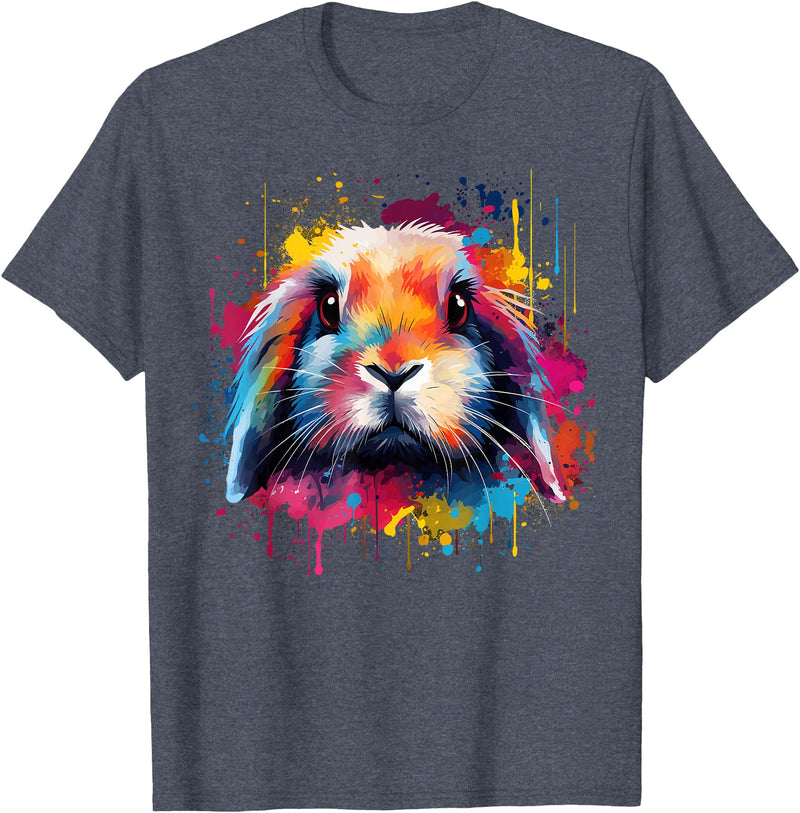 Cute Holland Lop Rabbit Lover Colorful Splash Art T-Shirt in Heather Blue