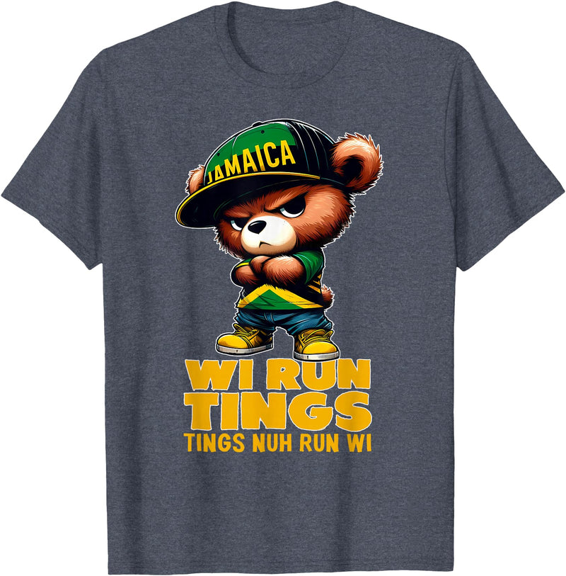 Jamaican Gifts for proud Jamaican Men, Women, Kids WI RUN TINGS Teddy Bear Jamaica Flag Shirt Jamaican Clothing T-Shirt - Heather Blue