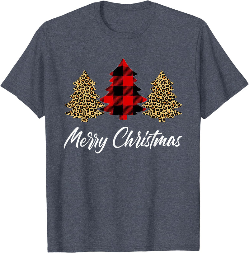 Merry Christmas Plaid Apparels Co. Merry Christmas, Leopard buffalo plaid Christmas tree Xmas T-Shirt - Heather Blue