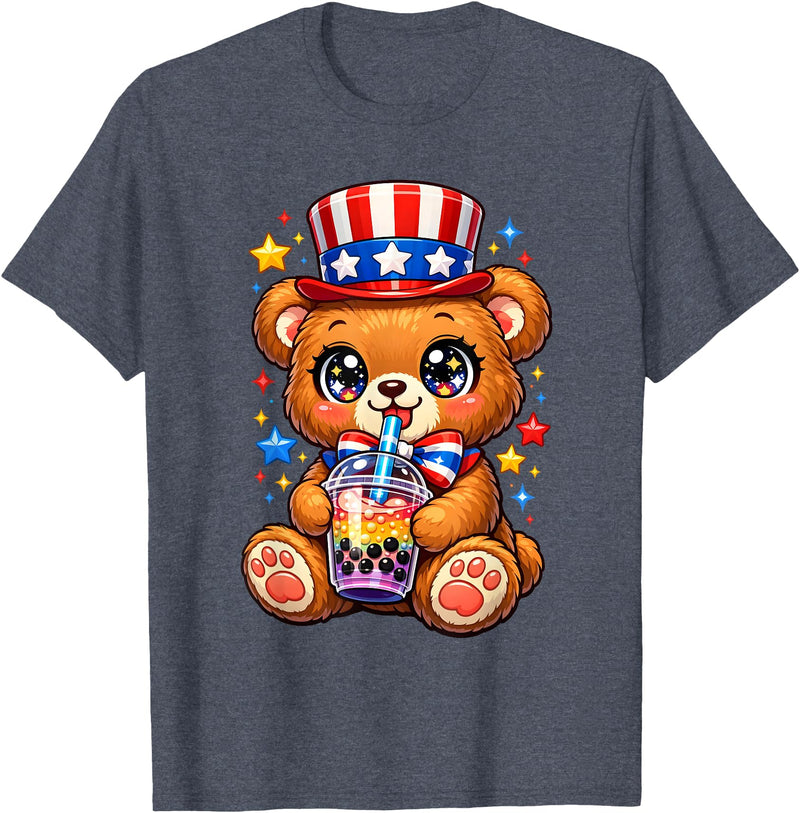 Kawaii Red White and Blue Fourth July Little Kids Cute Teddy Bear Patriotic 4th July Gift Bubble Boba Tea USA T-Shirt - Heather Blue