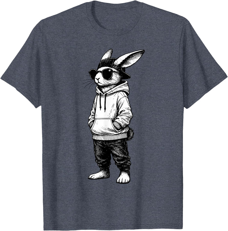 Rabbit Easter Bunny Face with Sunglasses Cap Easter Day T-Shirt in Heather Blue