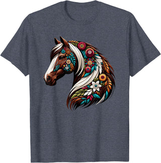 Horse Riding Lovers Gifts For Cowgirls & Girls Equestrian Horse Riding, Western Horseback, Horse Flower T-Shirt - Heather Blue