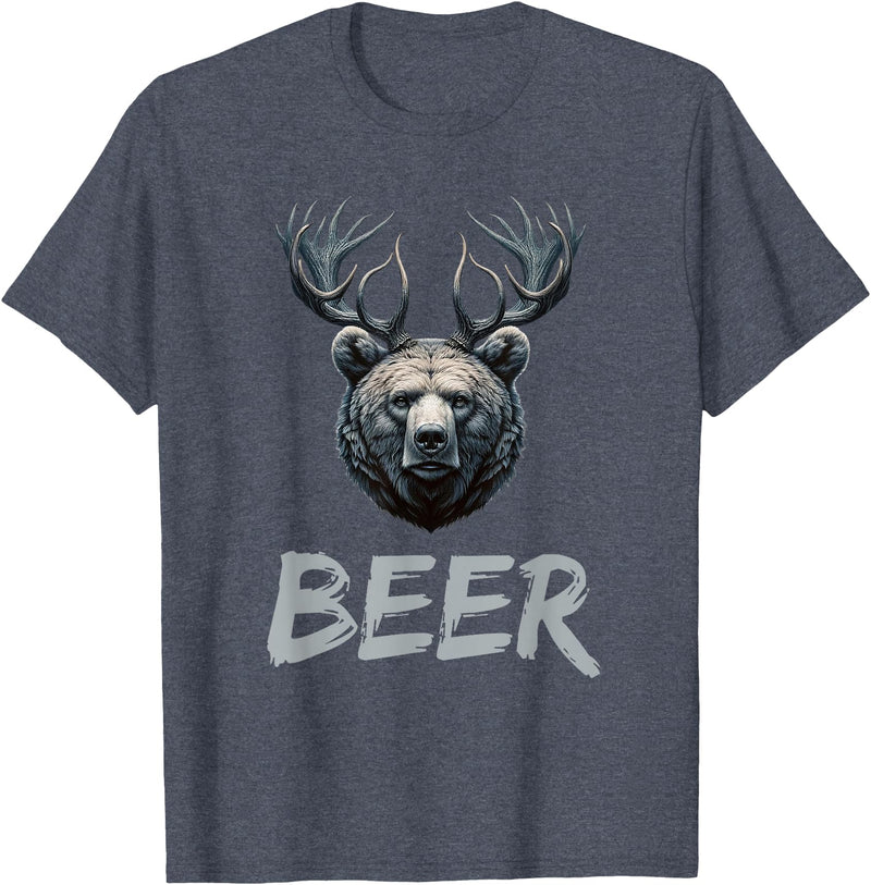 Bear With Antlers Drinker Party Deer Beer Beer Bear Deer Grizzly Bear With Antlers Beer T-Shirt - Heather Blue