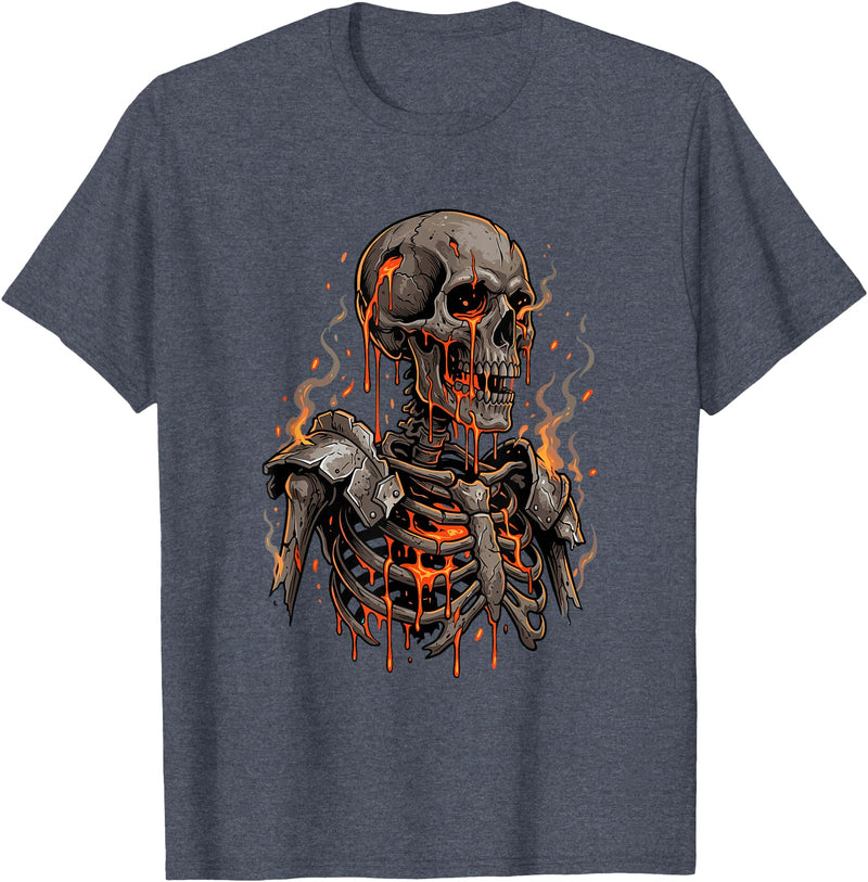 Molten Skull Fire Horror Skeleton Art Designs Spooky Halloween Skull Skeleton Fire Dark Fantasy T-Shirt - Heather Blue