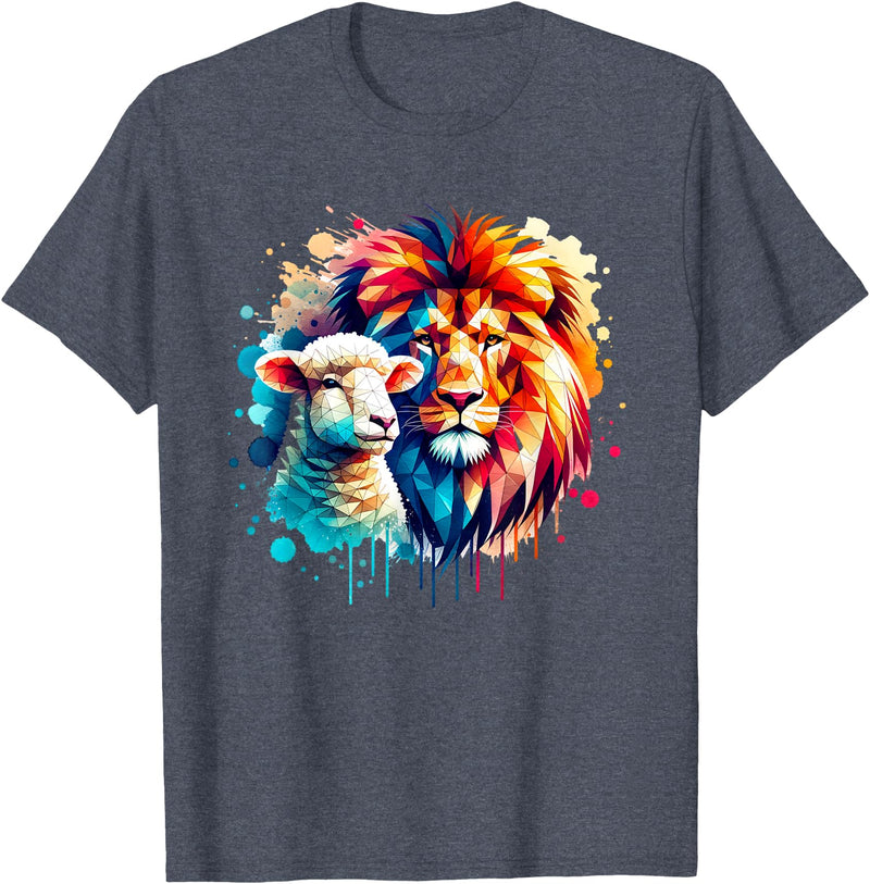 Christian Clothing Lion And Lamb Christian Art Lion And Lamb Geometric Christian Clothing T-Shirt - Heather Blue