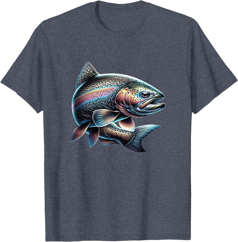 Steelhead Fishing - Unisex Adults & Kids Fishing T-Shirt - Black - Small - Short Sleeve - Cotton & Polyester - Modern Fish Graphic - Crew Neck - Regular Fit - Pull On - Imported - Heather Blue