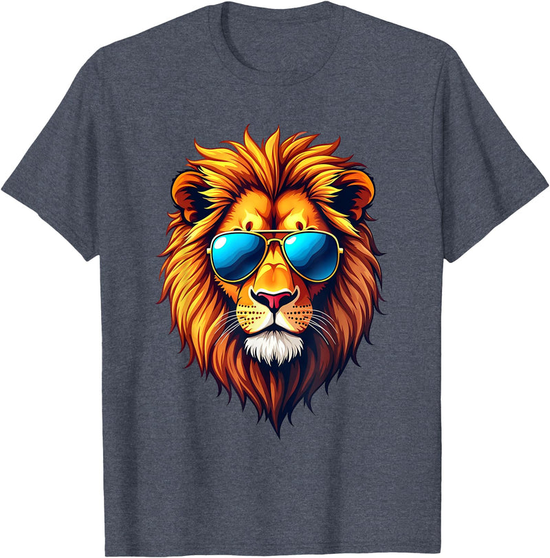 DeBlu Lion Lion Wearing Sunglasses Colorful Artwork Graphic T-Shirt - Heather Blue