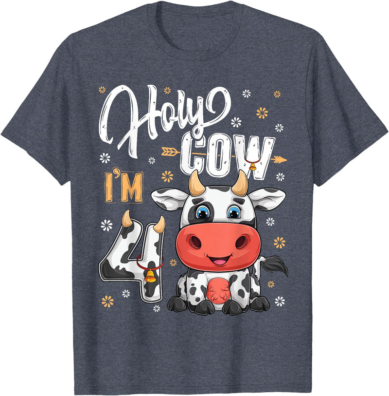 Holy Cow Birthday Boy Girl Shirts Farm Animal Gift Holy Cow I'm Four 4 Year Old Cows Farm Theme 4th Birthday T-Shirt -