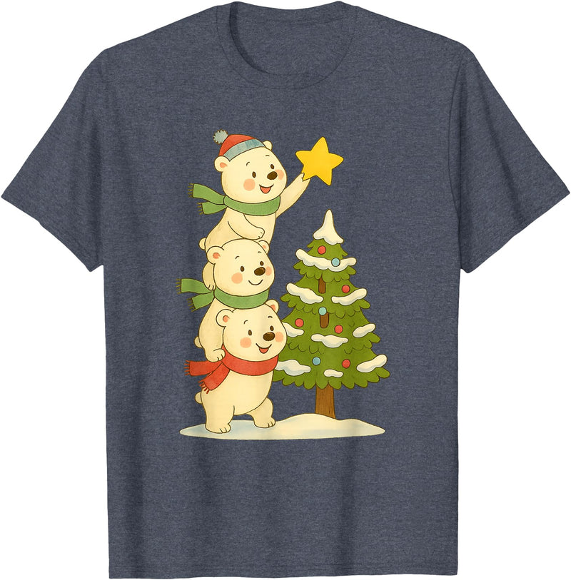 Cute Xmas Bear Cartoon for Kids and Family Cute Polar Bear Stacking Star on Tree Christmas T-Shirt - Heather Blue