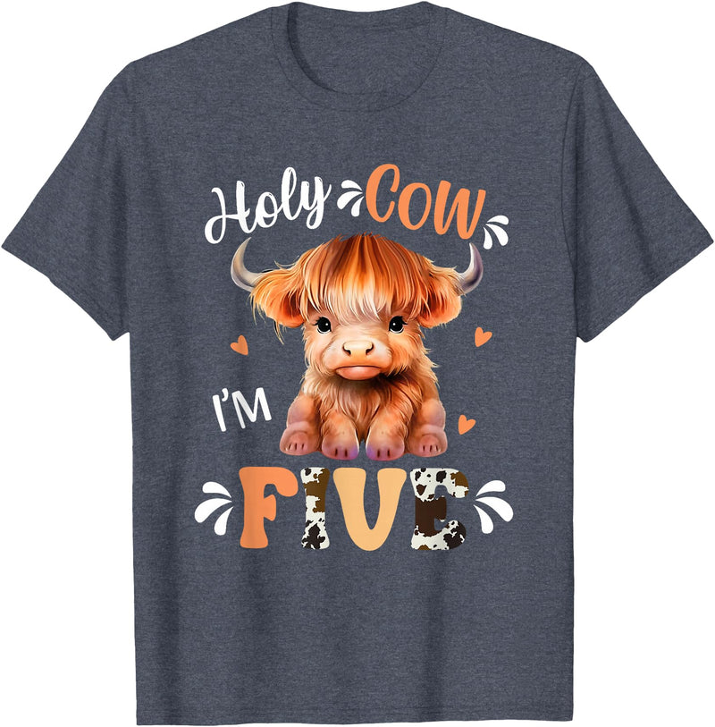 Highland Cow Print 5 Year Old Birthday Gift Holy Cow Im Five Scottish Highland Cow Print 5th Birthday T-Shirt - Heather Blue